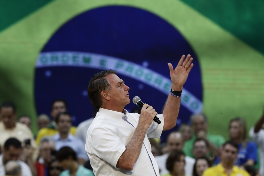 Brazil&#039;s President Jair Bolsonaro, who is running for a second term, speaks during a rally to launch his reelection bid, in Rio de Janeiro, Brazil, Sunday, July 24, 2022. Brazil&#039;s general el ...