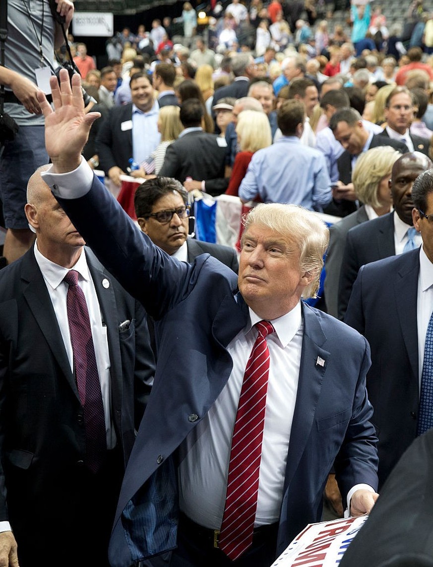 Businessman Donald Trump makes a campaign appearance with a 90 minutes speech during a stop at the American Airlines Center in Dallas. Trump is leading the pack of Republican candidates going into Wed ...