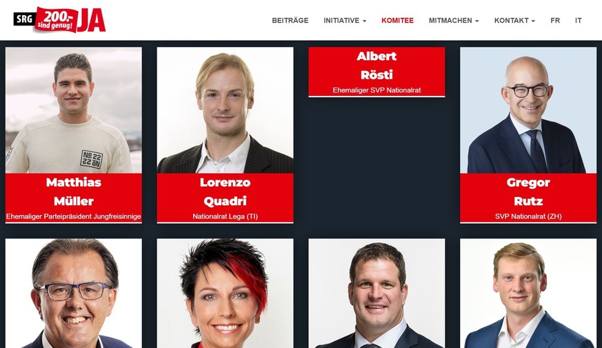 Screenshot von der Website des SRG-Initiativkomittees, in dem SVP-Bundesrat Albert Rösti nach wie vor als Initiant geführt wird.