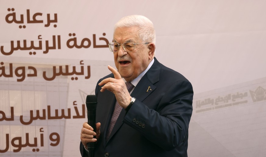 epa13225083 Palestinian National Authority President Mahmoud Abbas attends a foundation stone ceremony for the Higher Council for Innovation and Excellence compound in the West Bank city of Ramallah,  ...