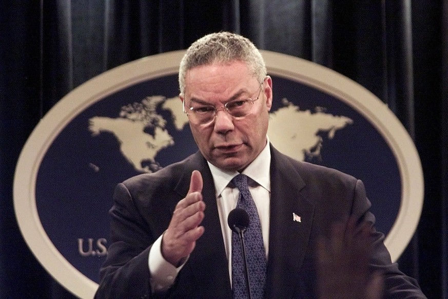 FILE - In this Monday, Sept. 17, 2001 file photo, Secretary of State Colin Powell speaks during a news conference at the State Department in Washington, discussing the diplomatic aspects of the previo ...