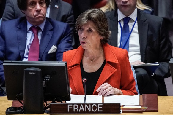epa10936318 French Minister of Europe and Foreign Affairs Catherine Colonna speaks during a United Nations Security Council meeting called to address the ongoing Israeli-Palestinian conflict, in New Y ...