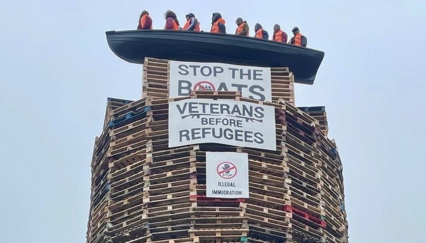 A display on a bonfire in Moygashel, Co Tyrone. The burning of loyalist bonfires is part of the traditional Twelfth commemorations marking the anniversary of the Protestant King William&#039;s victory ...