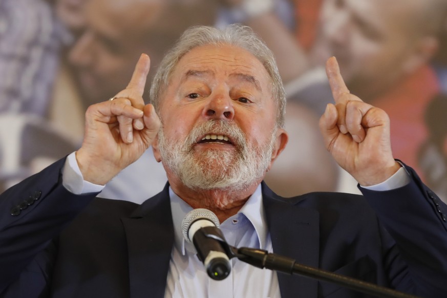 Former Brazilian President Luiz Inacio Lula da Silva speaks at the Metalworkers Union headquarters in Sao Bernardo do Campo, Sao Paulo state, Brazil, Wednesday, March 10, 2021, after a judge threw out ...