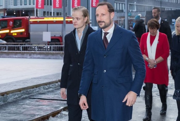 OSLO, NORWAY - DECEMBER 24: Marius Borg Hoiby of Norway, Prince Haakon of Norway and Marianne Borgen the Mayor of Oslo, Princess Mette Marit of Norway attend a charity Christmas Luncheon for the less  ...