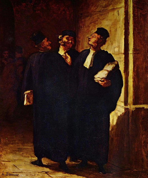 Des avocats en pleine discussion. Tableau d&#039;Honoré Daumier, années 1840.
https://commons.wikimedia.org/wiki/File:Honor%C3%A9_Daumier_018.jpg