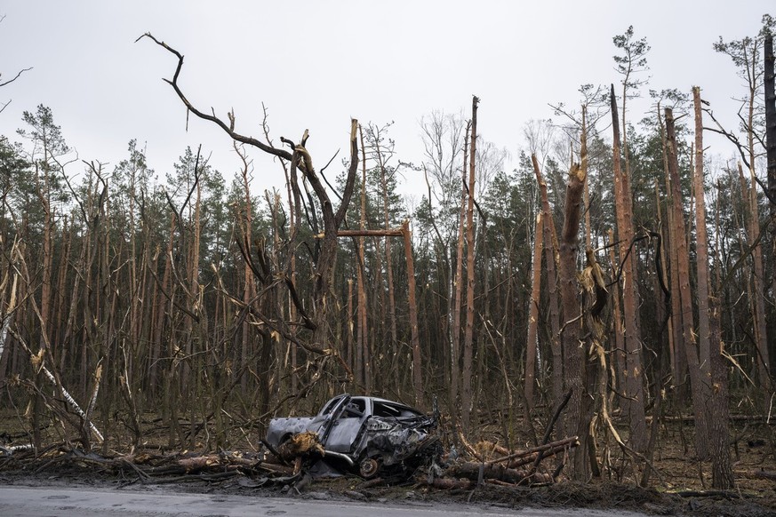 The gutted remains of a car in front of damaged trees following a battle between Russia and Ukrainian forces on the outskirts of Chernihiv, Ukraine, Friday, April 22, 2022. (AP Photo/Petros Giannakour ...