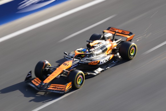 McLaren driver Oscar Piastri of Australia in action during a Formula One Grand Prix practice in Baku, Azerbaijan, on Friday, Sept. 13, 2024. (AP Photo/Sergei Grits)