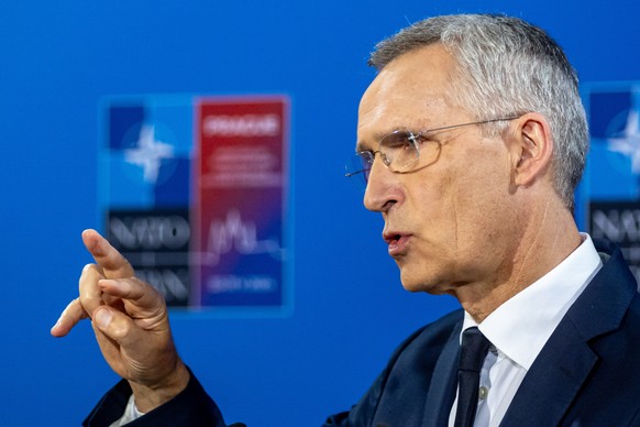 epa11381518 NATO Secretary General Jens Stoltenberg talks to journalist at a press conference following the informal NATO Foreign Ministers Meeting at Czernin Palace, in Prague, Czech Republic, 31 May ...