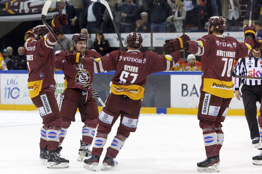 Geneve-Servette&#039;s defender Sami Vatanen, 2nd left, celebrates his goal with his teammates Geneve-Servette&#039;s defender Henrik Toemmernes #7, Geneve-Servette&#039;s forward Linus Omark #67 and  ...