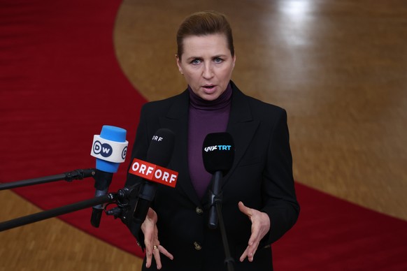 Denmark's Prime Minister Mette Frederiksen speaks with the media as he arrives for the EU summit in Brussels, Thursday, Jan. 22, 2026. (AP Photo/Omar Havana)
Mette Frederiksen