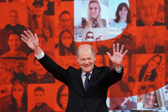 epa09187827 German Minister of Finance and Social Democratic Party (SPD) top candidate for the federal elections Olaf Scholz waves after being nominated as top candidate for the upcoming federal elect ...