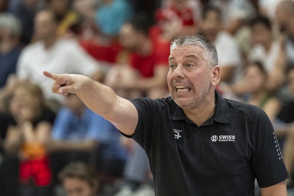 Switzerland�s coach Ilias Papatheodorou reacts during the FIBA Basketball World Cup 2027 European Pre-Qualifiers game between Switzerland and Slovakia at the AXA Arena in Winterthur, Switzerland, Wedn ...