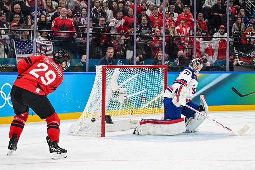 Nathan MacKinnon (CAN) participates in the Winter Olympic Games in Milano, Italy, on February 22, 2026, at the Milano Santagiulia IHO Arena (Photo by Federico Manoni/NurPhoto via Getty Images).