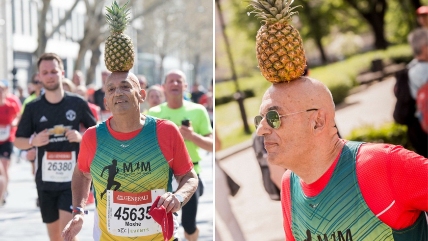 Moshe Lederfien a l'habitude de courir avec un ananas sur la tête.
