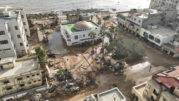 Floodwaters from Mediterranean storm Daniel are visible on Tuesday, Sept. 12, 2023. Scientists say the Mediterranean storm that dumped torrential rain on the Libyan coast is just the latest extreme we ...