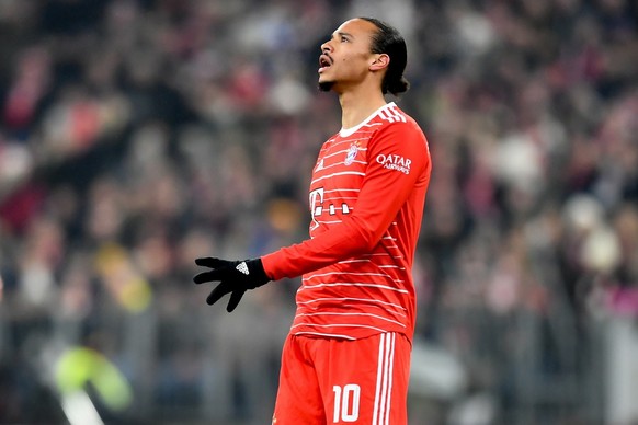 epa10427319 Munich&#039;s Leroy Sane reacts during the German Bundesliga soccer match between FC Bayern Munich and 1. FC Cologne in Munich, Germany, 24 January 2023. EPA/ANNA SZILAGY (ATTENTION: The D ...