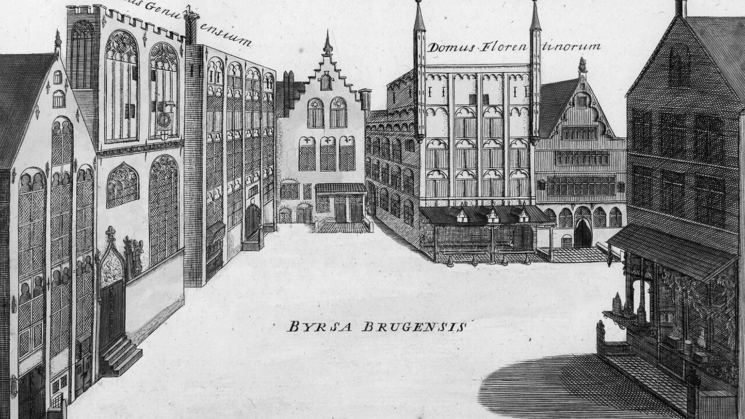 Le lieu de naissance du terme «bourse». Dans le centre de Bruges, la Beursplein, composée de la Loge de Gènes (deuxième maison en partant de la gauche), de l’auberge «Ter Beurze» (voisine, avec un nid ...