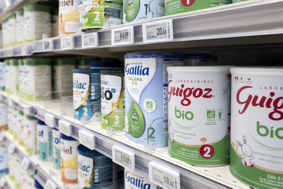 Close-up illustration image of boxes of Nestle, Guigoz and Gallia organic infant formula, taken on 21 January 2026 in Poitiers in the Vienne department in central France. Several milk brands are curre ...