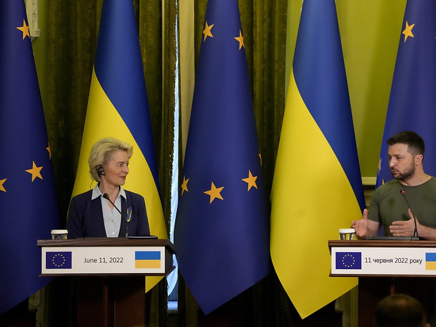 Le président ukrainien Volodymyr Zelenskyy s&#039;exprime lors d&#039;une conférence de presse conjointe avec la présidente de la Commission européenne Ursula von der Leyen à Kyiv samedi.