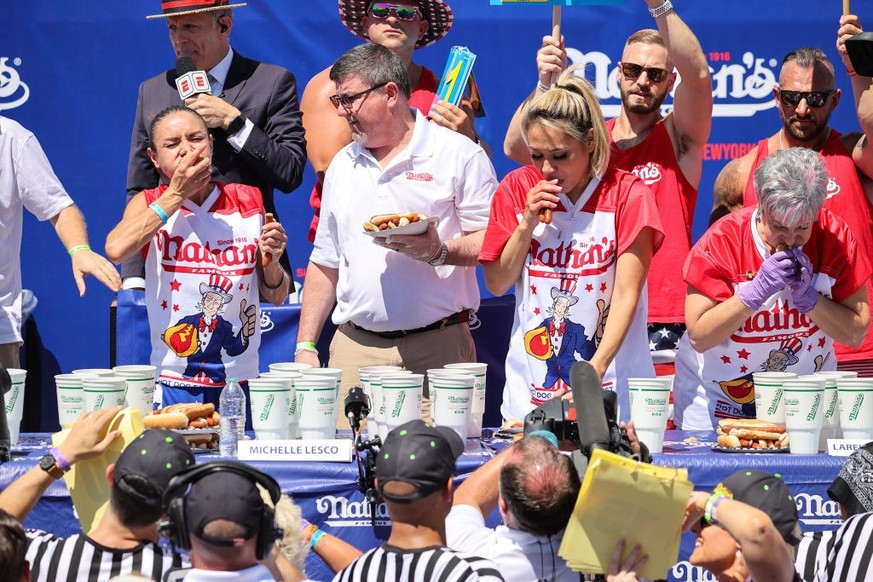NEW YORK, USA - JULY 04: 2022 Nathan&#039;s Famous International Hot Dog Eating Contest is held in Coney Island of Brooklyn borough, New York City, United States on July 4, 2022. (Photo by Tayfun Cosk ...