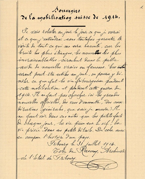 «Souvenirs de la mobilisation suisse de 1914.» Entrée du journal de Tobie de Raemy en date du 31 juillet 1914.
