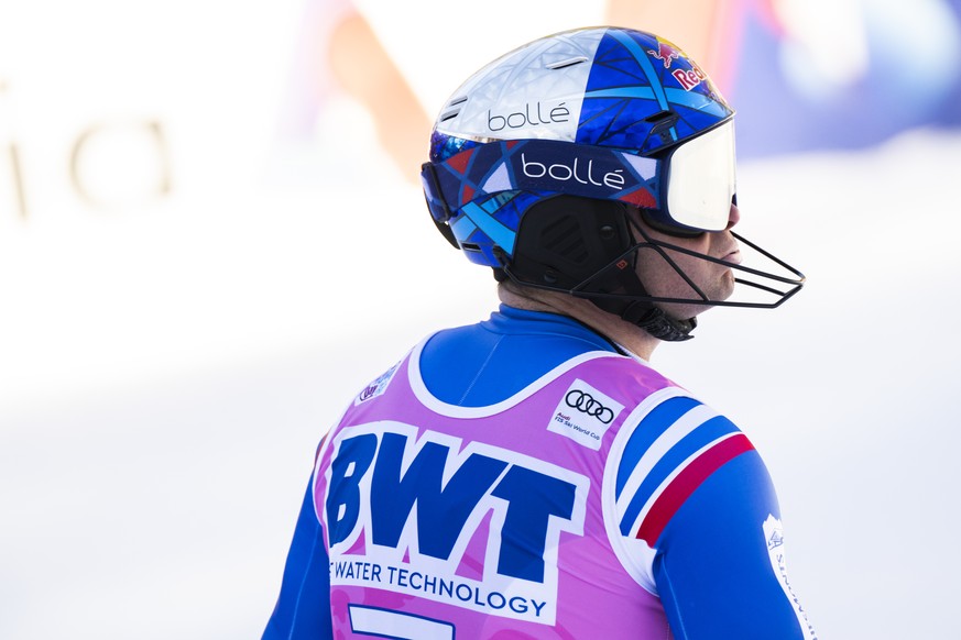 Alexis Pinturault of France reacts the second run of the men&#039;s slalom race at the Alpine Skiing FIS Ski World Cup in Wengen, Switzerland, Sunday, January 16, 2022. (KEYSTONE/Marcel Bieri)