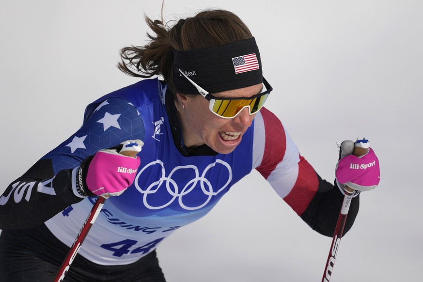 United States' Rosie Brennan competes during the women's 10km classic cross-country skiing competition at the 2022 Winter Olympics, Thursday, Feb. 10, 2022, in Zhangjiakou, China. (AP Photo/ ...