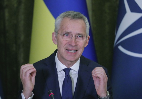 epa10581663 NATO Secretary General Jens Stoltenberg addresses a joint press conference with President of Ukraine Volodymyr Zelensky (not pictured) following their meeting in Kyiv (Kiev), Ukraine, 20 A ...