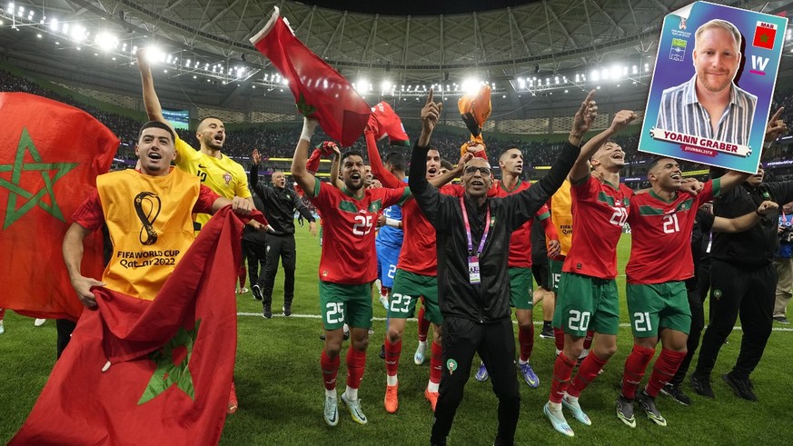 Morocco&#039;s players celebrate after the World Cup quarterfinal soccer match between Morocco and Portugal, at Al Thumama Stadium in Doha, Qatar, Saturday, Dec. 10, 2022. (AP Photo/Martin Meissner)