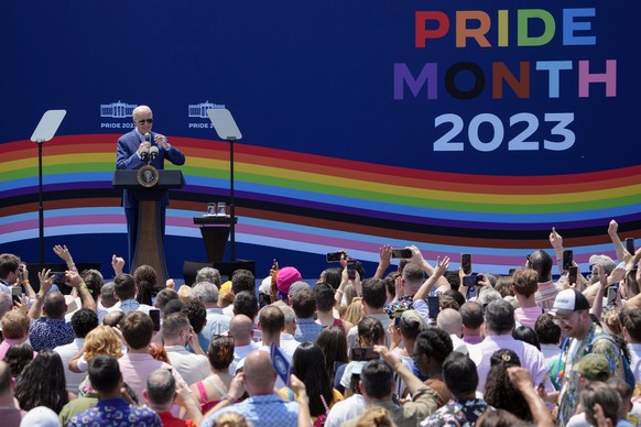 President Joe Biden speaks at a Pride Month celebration on the South Lawn of the White House, Saturday, June 10, 2023, in Washington. (AP Photo/Manuel Balce Ceneta)
Joe Biden