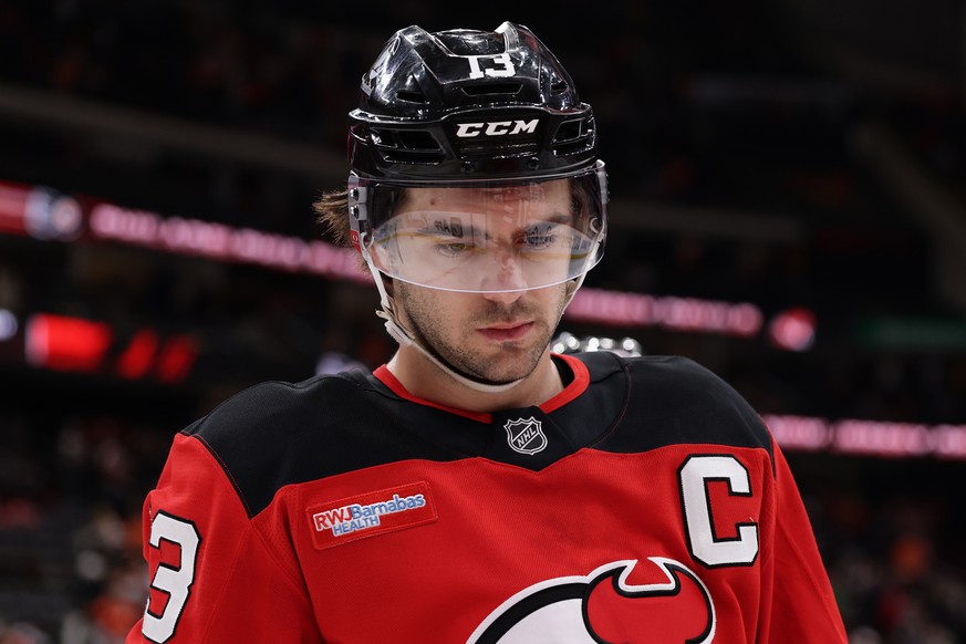 New Jersey Devils center Nico Hischier skates off the ice after the Devils lost to the Philadelphia Flyers in an NHL hockey game Tuesday, April 7, 2026, in Newark, N.J. (AP Photo/Adam Hunger)
Nico His ...