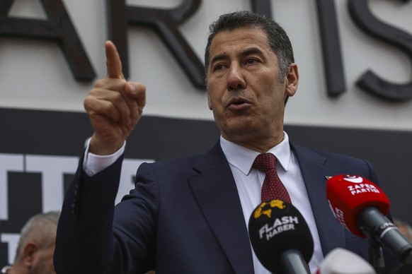 ATA Alliance presidential candidate Sinan Ogan addresses a meeting of a newly formed political alliance in Ankara, Turkey, Saturday, March 11, 2023. The 55-year-old nationalist politician, considered  ...