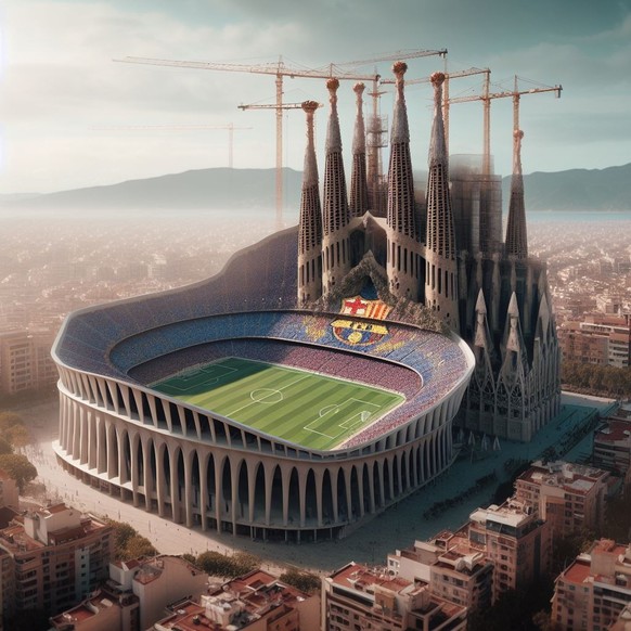 Le Camp Nou incrusté dans la Sagrada Familia. L'intelligence artificielle a poussé le réalisme jusqu'à ajouter des grues à la célèbre basilique de Barcelone, toujours en travaux.