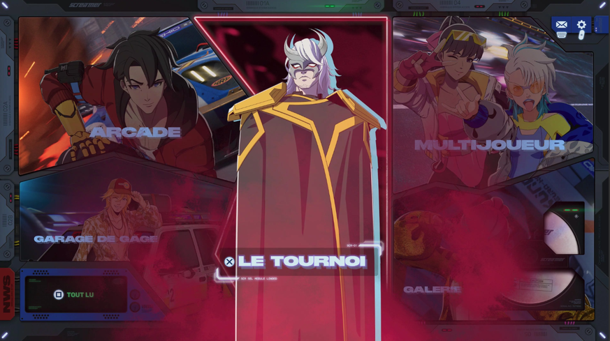 Le superbe menu principal du jeu Screamer avec le tournoi au milieu qui vous hantera pendant des dizaines d’heures.