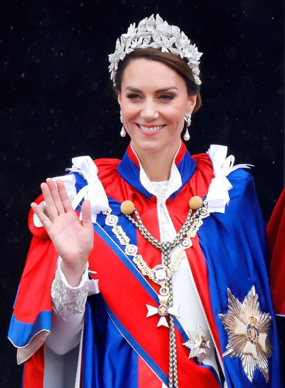LONDON, UNITED KINGDOM - MAY 06: (EMBARGOED FOR PUBLICATION IN UK NEWSPAPERS UNTIL 24 HOURS AFTER CREATE DATE AND TIME) Catherine, Princess of Wales (wearing the Mantle of the Royal Victorian Order) w ...
