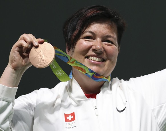 Heidi Diethelm Gerber of Switzerland celebrates for the bronze medal during the award ceremony for the women&#039;s 25 meter pistol competition at Olympic Shooting Center at the 2016 Summer Olympics i ...