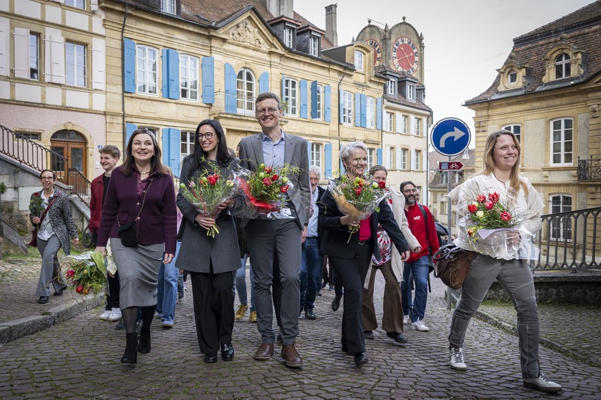 Les candidates au Conseil d'Etat Neuchatelois Christine Ammann Tschopp (Les Vert-e-s), Celine Vara (Les Vert-e-s), le conseiller d'Etat Neuchatelois nouvellement elu Frederic Mairy (Parti so ...