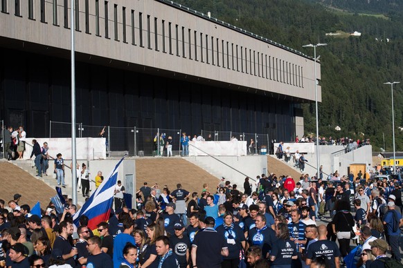 Fans arrive at the stadium at the new ice stadium Gottardo Arena that replaces the historic Valascia, during the match of National League Swiss Championship 2021/22 between HC Ambri Piotta and HC Frib ...