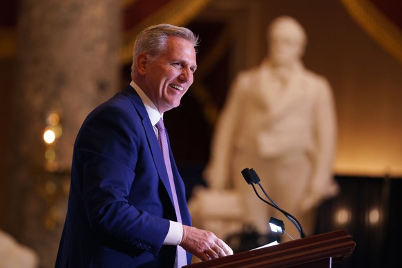 epa11151010 Former US Speaker Kevin McCarthy speaks during a ceremony to award the 2023 Freedom Medal at the US Capitol, in Washington, DC, USA, 13 February 2024. The award was given to former clerk C ...