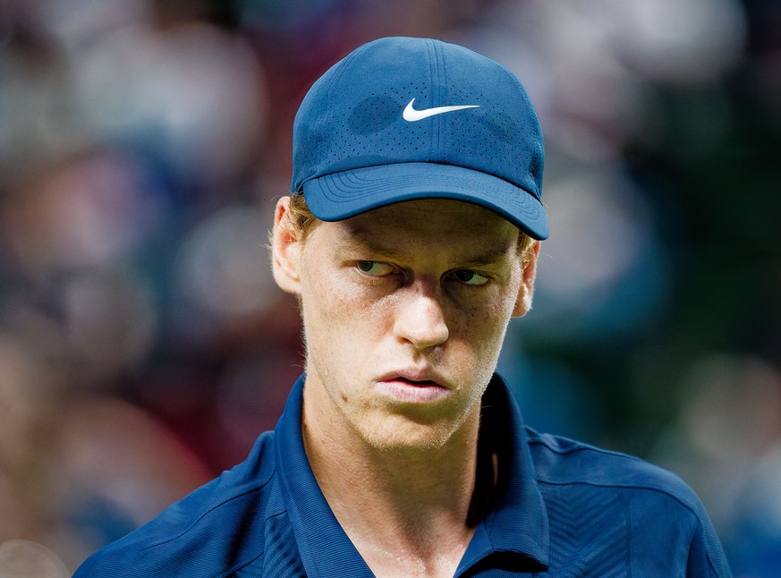 epa12432895 Jannik Sinner of Italy reacts during his Men&#039;s Singles match against Tallon Griekspoor of Netherlands at the Shanghai Masters tennis tournament in Shanghai, China, 05 October 2025. EP ...