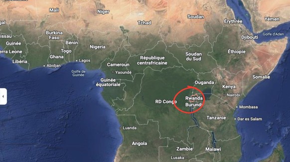 Encerclés en rouge: le Rwanda ainsi que l'Est de la République démocratique du Congo.