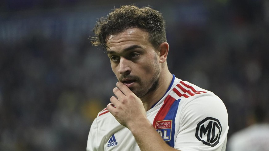 Lyon&#039;s Xherdan Shaqiri reacts during the French League One soccer match between Lyon and Troyes at the Groupama stadium in Lyon, France, Wednesday, Sept. 22, 2021. (AP Photo/Laurent Cipriani)