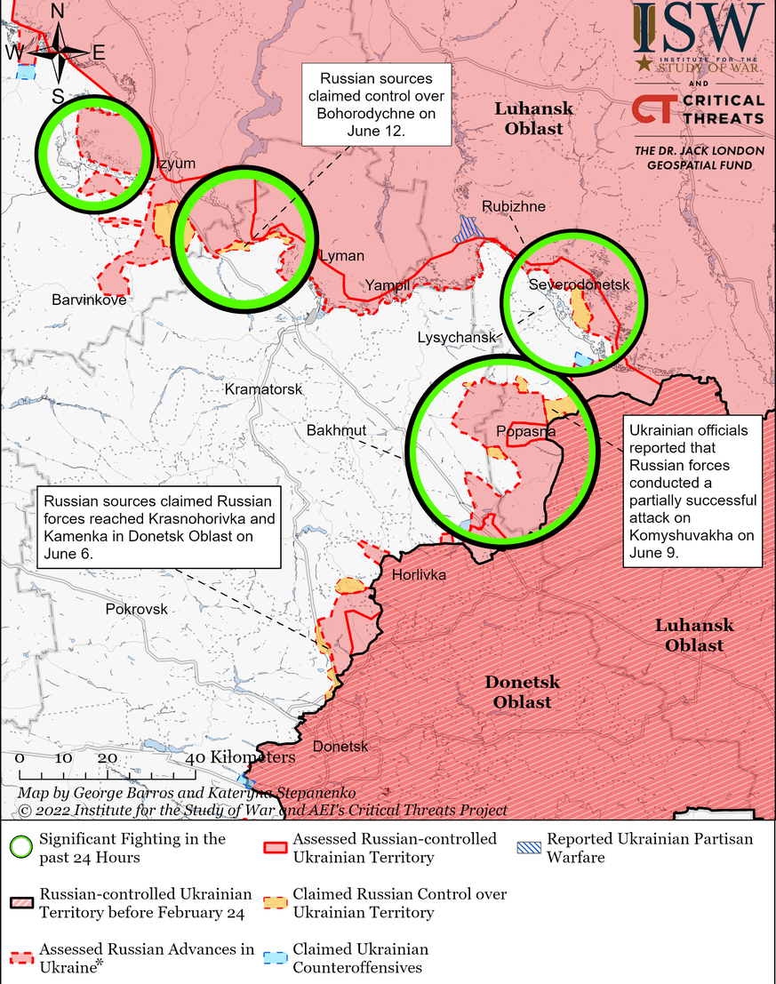 Les forces russes semblent avoir pris la grande ville de Severodonetsk. (au milieu à droite). Elles n'ont pas encore pu s'échapper de Popasna (cercle du bas).