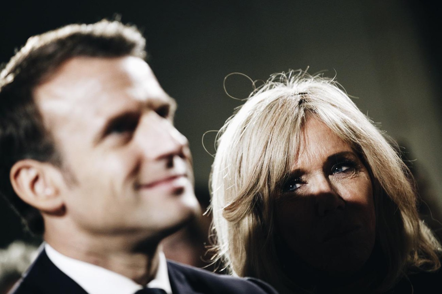 French President Emmanuel Macron, left, and his wife Brigitte Macron, right, with Italian President Sergio Mattarella and his daughter Laura Mattarella attend an event to commemorate the 500th anniver ...