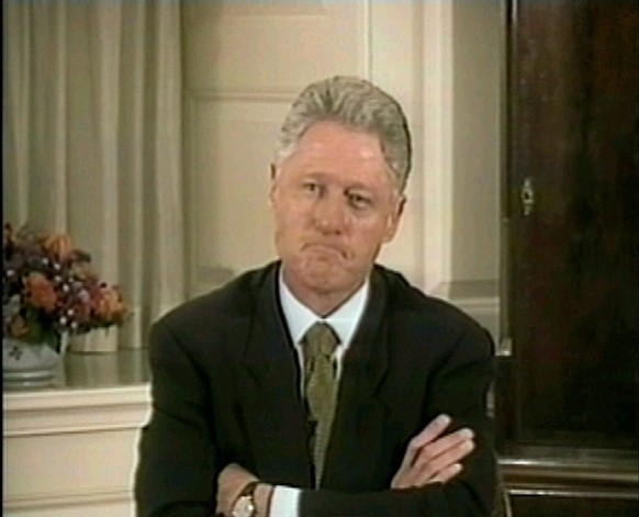 In this image made from video President Clinton responds to a question as he characterizes his gifts to Monica Lewinsky, early in the second hour of his videotaped testimony Monday, Aug. 17, 1998, at  ...