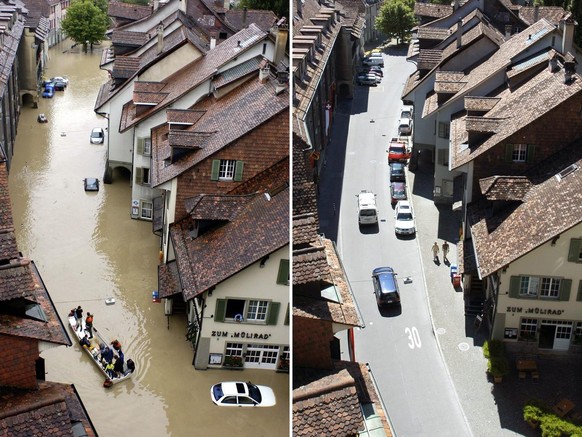 BILDCOMBO --- Feuerwehrmaenner und Zivilschuetzer bergen am 22. August 2005, Bewohner des vom Hochwasser bedrohten Mattenquartiers in Bern, oben, knapp ein Jahr spaeter, am 15. August 2006, rollt der  ...