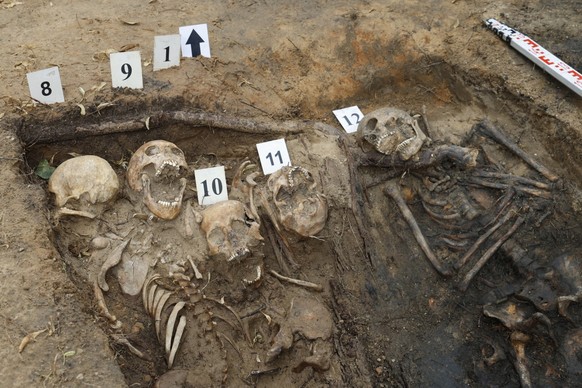 The remains of Soviet soldiers are seen during their exhumation from a burial site in the city center of Vievis, Lithuania, on July 20, 2026. A wartime grave-site outside Lithuania's capital has  ...
