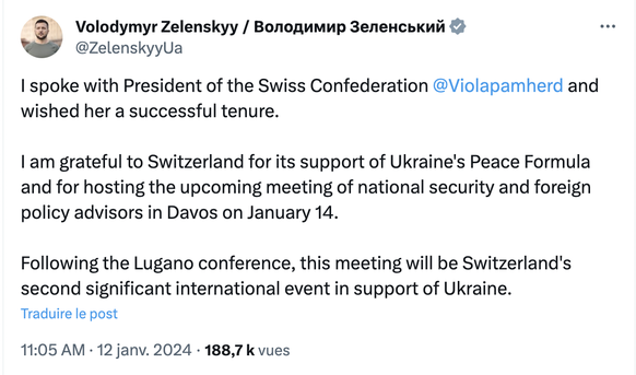 Volodymyr Zelensky, président ukrainien, remercieViola Amherd sur X