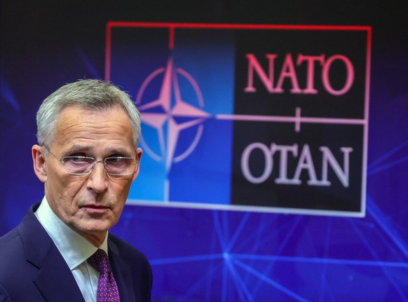 epa10690556 NATO Secretary General Jens Stoltenberg holds a press conference ahead of the meeting of NATO ministers of defence, at the Alliance headquarters in Brussels, Belgium, 14 June 2023. A meeti ...